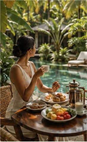 A guest enjoying breakfast beside a tropical pool