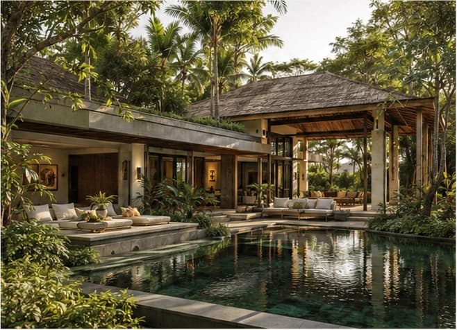 A tropical Bali villa surrounded by lush gardens